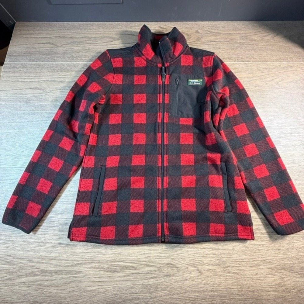 LL Bean Sweater Fleece Full Zip Jacket Red Black Buffalo Plaid Womens M Outdoors